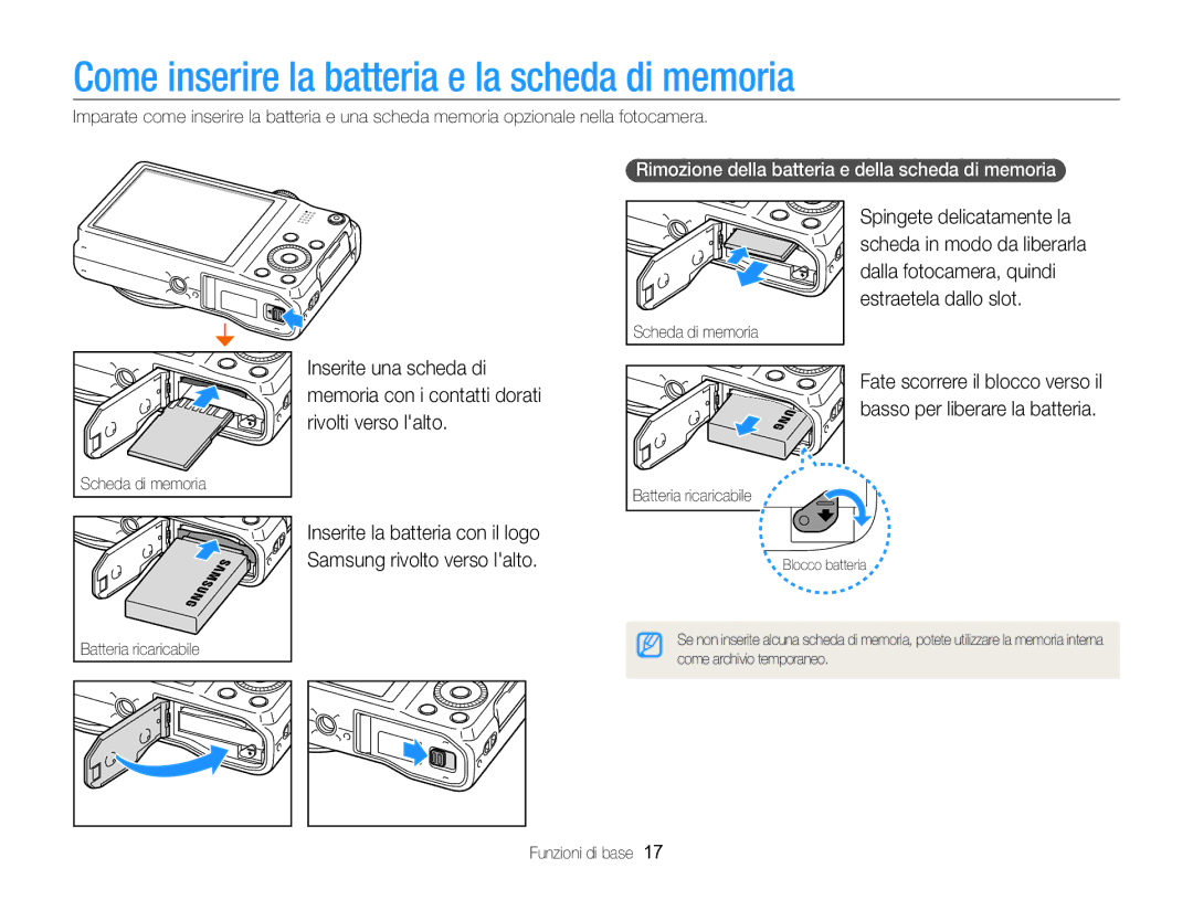 Samsung EC-WB750ZBPBE1 manual Come inserire la batteria e la scheda di memoria 