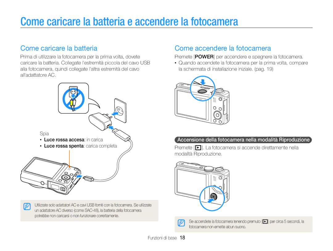 Samsung EC-WB750ZBPBE1 manual Come caricare la batteria e accendere la fotocamera, Come accendere la fotocamera 