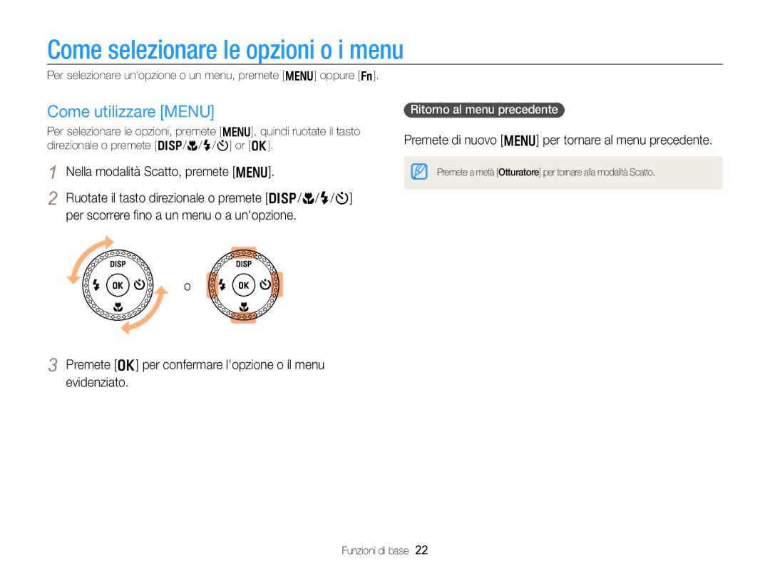 Samsung EC-WB750ZBPBE1 manual Come selezionare le opzioni o i menu, Come utilizzare Menu, Ritorno al menu precedente 