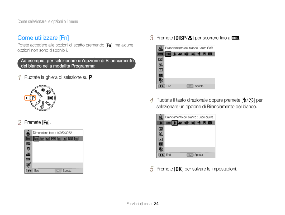 Samsung EC-WB750ZBPBE1 Come utilizzare Fn, Ruotate la ghiera di selezione su p Premete f, Premete D/c per scorrere ﬁno a 