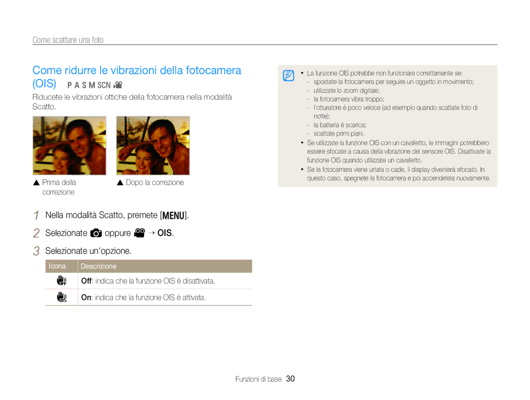 Samsung EC-WB750ZBPBE1 manual Come ridurre le vibrazioni della fotocamera OIS, Correzione 