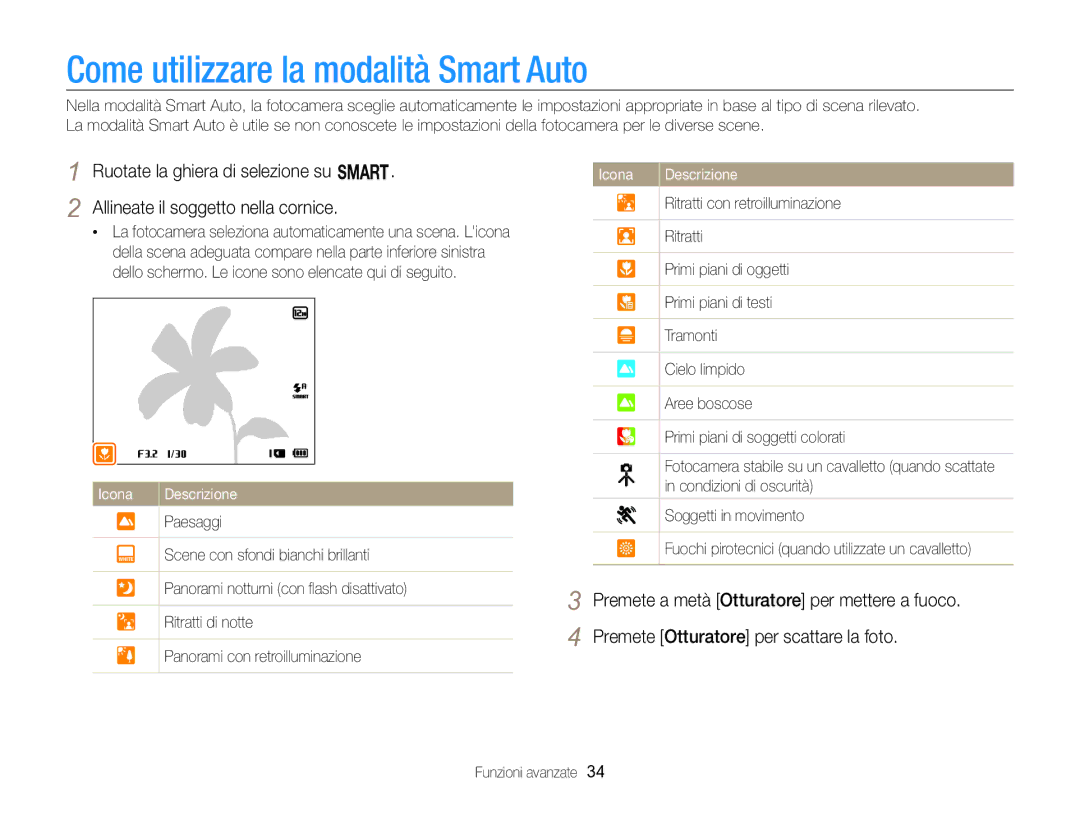 Samsung EC-WB750ZBPBE1 manual Come utilizzare la modalità Smart Auto 