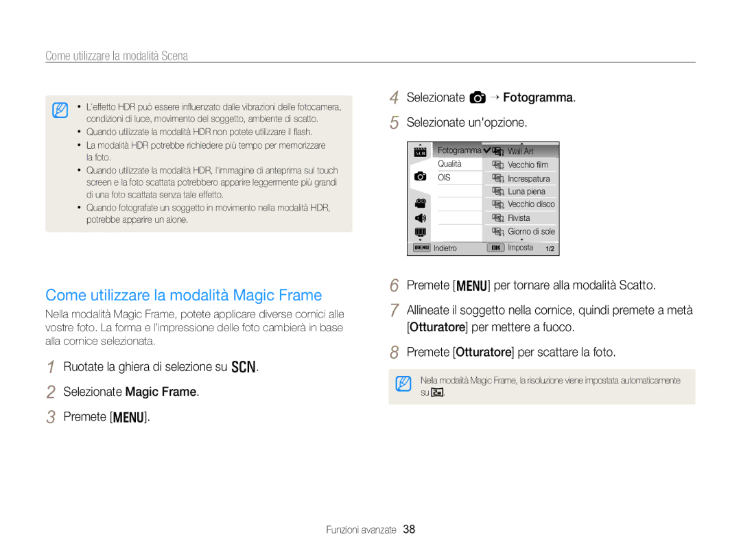Samsung EC-WB750ZBPBE1 manual Come utilizzare la modalità Magic Frame, Selezionate a “ Fotogramma Selezionate unopzione 