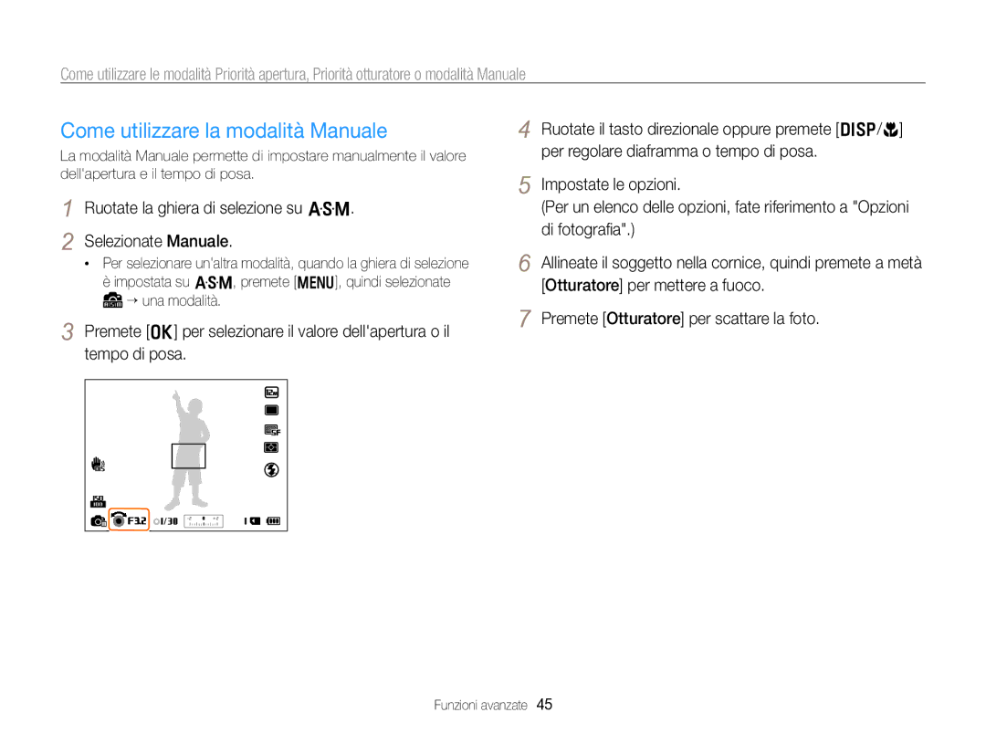 Samsung EC-WB750ZBPBE1 manual Come utilizzare la modalità Manuale, Ruotate la ghiera di selezione su G Selezionate Manuale 