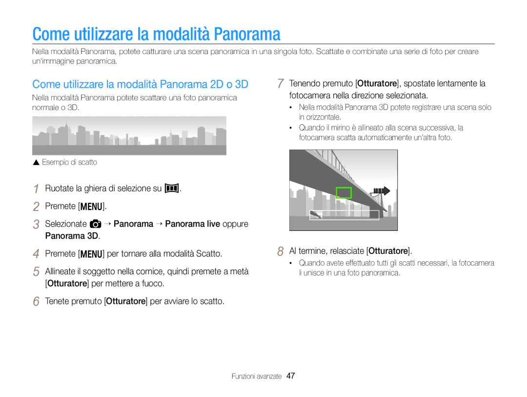 Samsung EC-WB750ZBPBE1 manual Come utilizzare la modalità Panorama 2D o 3D, Al termine, relasciate Otturatore 