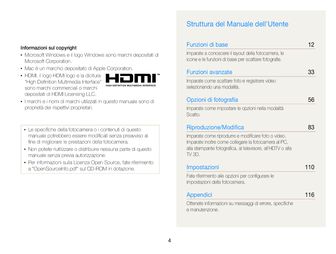 Samsung EC-WB750ZBPBE1 manual Struttura del Manuale dellUtente, 110, 116 