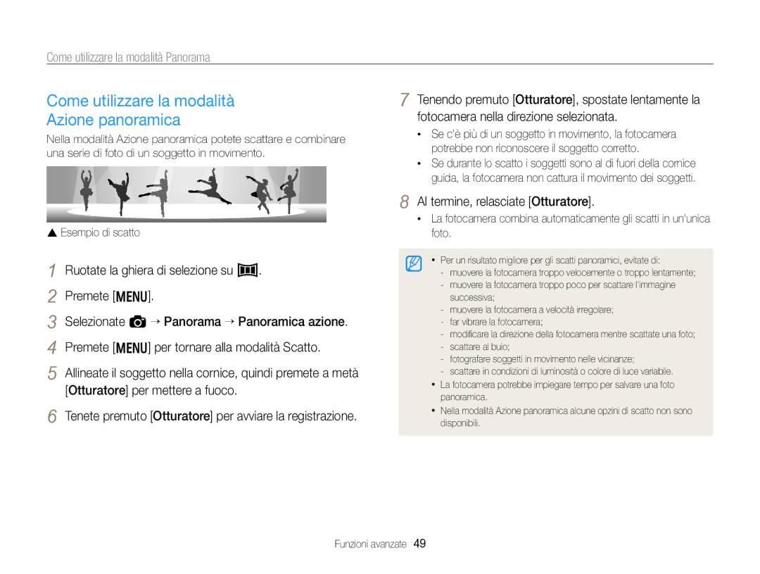 Samsung EC-WB750ZBPBE1 manual Come utilizzare la modalità Azione panoramica 