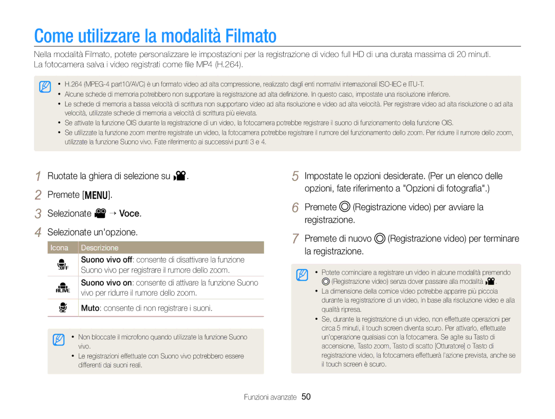 Samsung EC-WB750ZBPBE1 manual Come utilizzare la modalità Filmato, Icona 