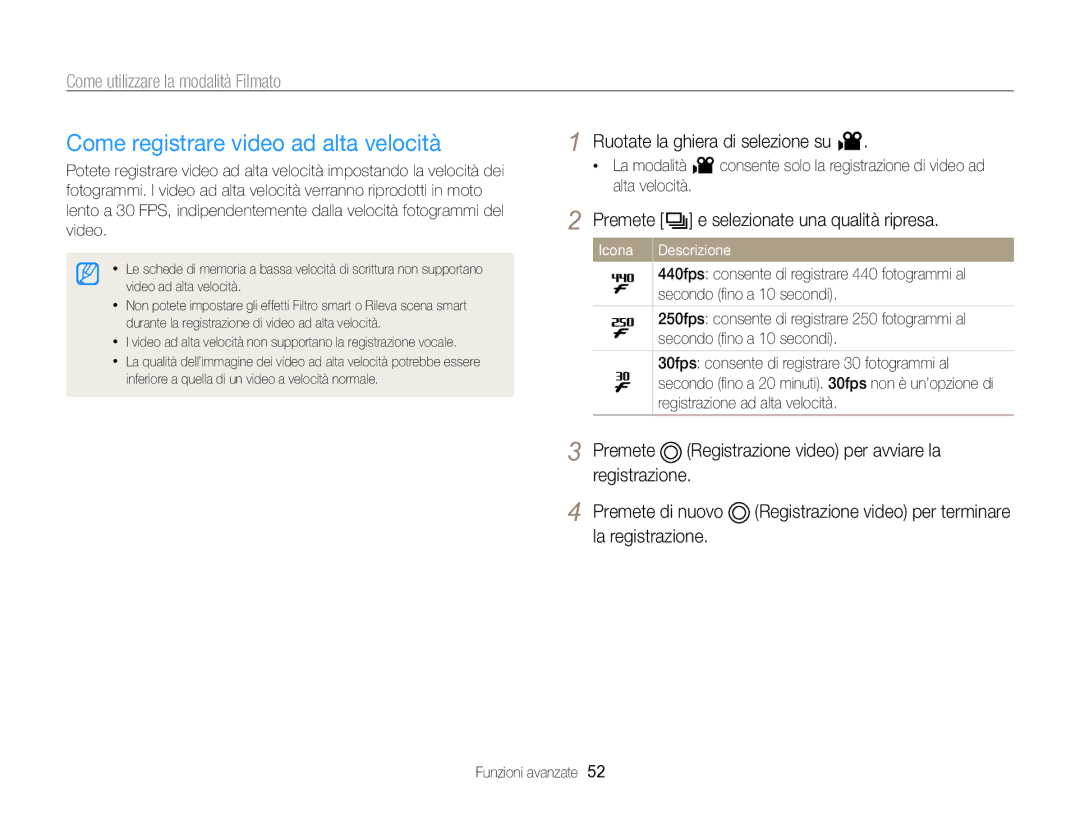 Samsung EC-WB750ZBPBE1 manual Come registrare video ad alta velocità, Ruotate la ghiera di selezione su 