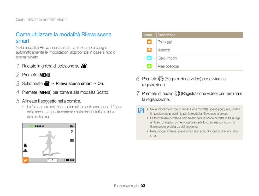 Samsung EC-WB750ZBPBE1 manual Come utilizzare la modalità Rileva scena smart, Paesaggi Tramonti Cielo limpido Aree boscose 