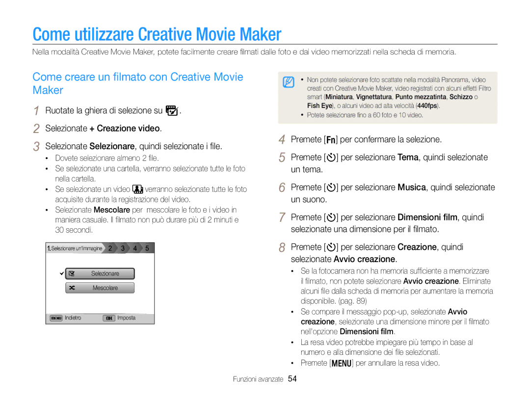 Samsung EC-WB750ZBPBE1 manual Come utilizzare Creative Movie Maker, Come creare un ﬁlmato con Creative Movie Maker 