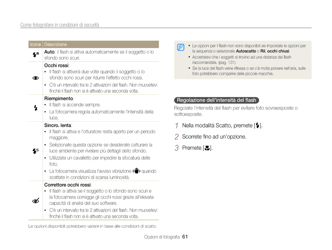 Samsung EC-WB750ZBPBE1 manual Come fotografare in condizioni di oscurità, Regolazione dellintensità del ﬂash 