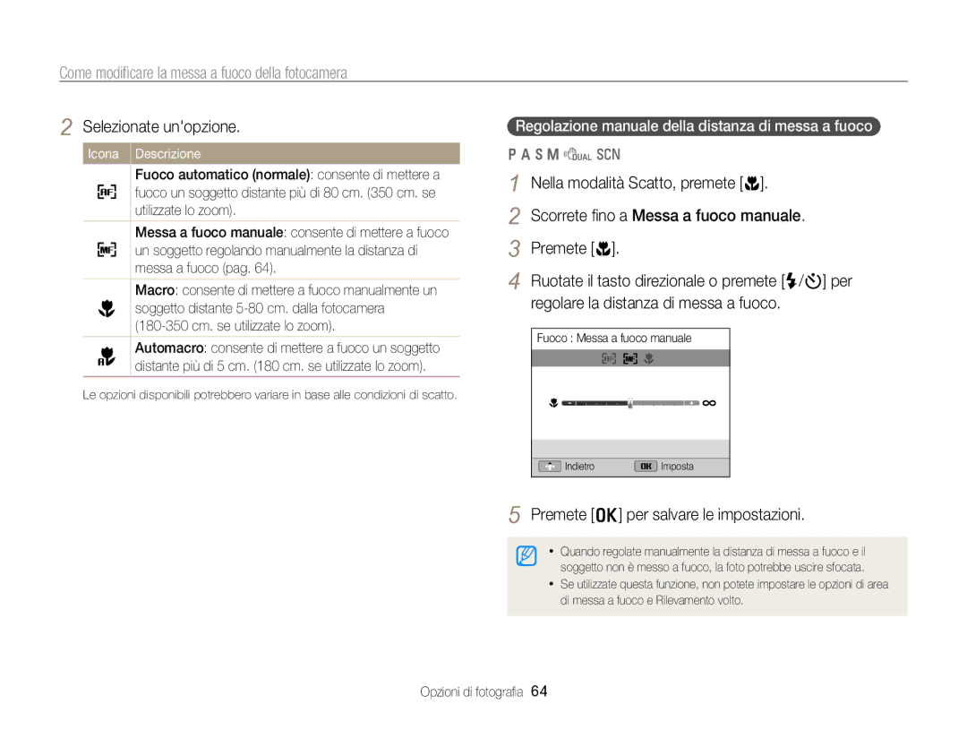 Samsung EC-WB750ZBPBE1 manual Come modiﬁcare la messa a fuoco della fotocamera 