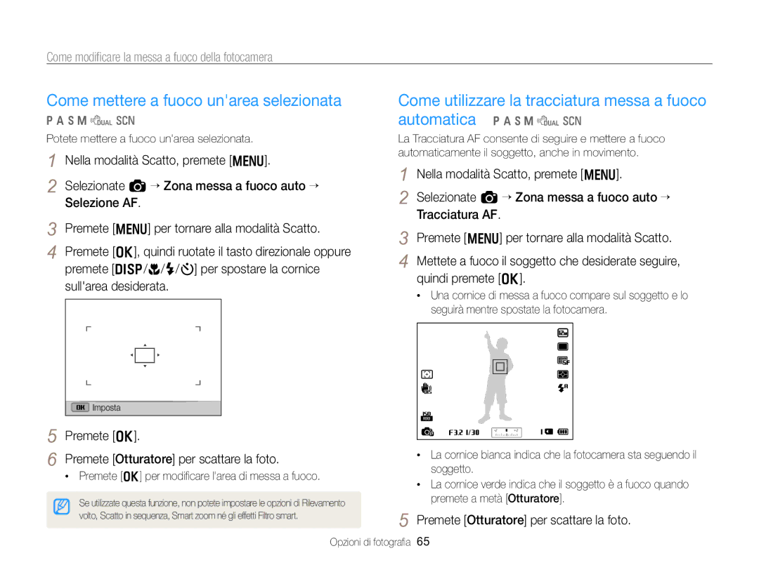 Samsung EC-WB750ZBPBE1 Come mettere a fuoco unarea selezionata, Come utilizzare la tracciatura messa a fuoco automatica 