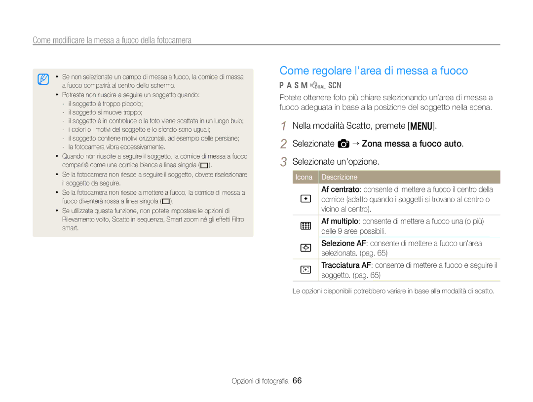 Samsung EC-WB750ZBPBE1 manual Come modiﬁcare la messa a fuoco della fotocamera 