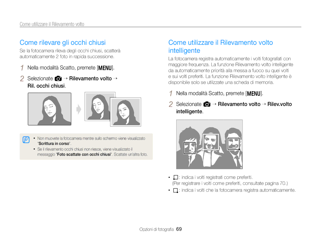 Samsung EC-WB750ZBPBE1 manual Come rilevare gli occhi chiusi, Come utilizzare il Rilevamento volto intelligente 