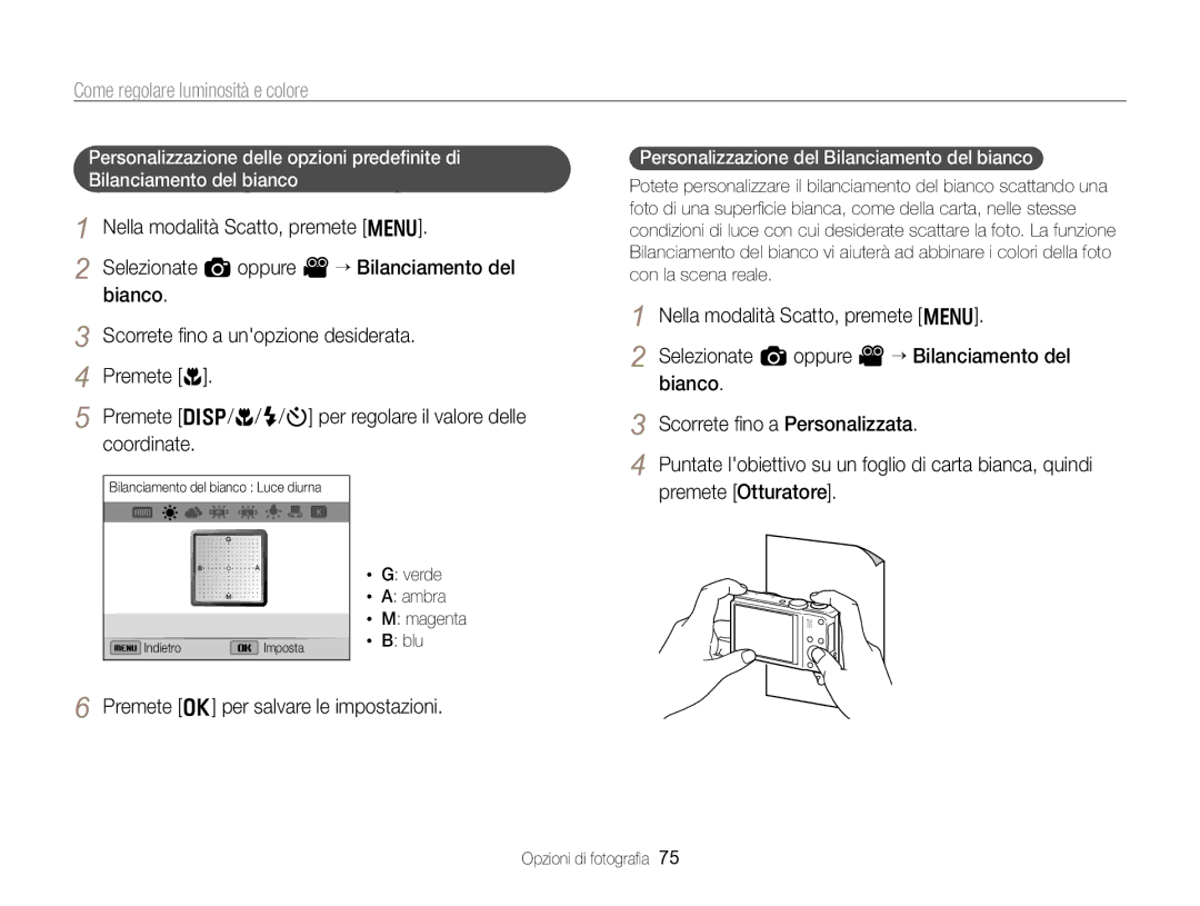Samsung EC-WB750ZBPBE1 manual Personalizzazione del Bilanciamento del bianco, Verde Ambra Magenta Blu 