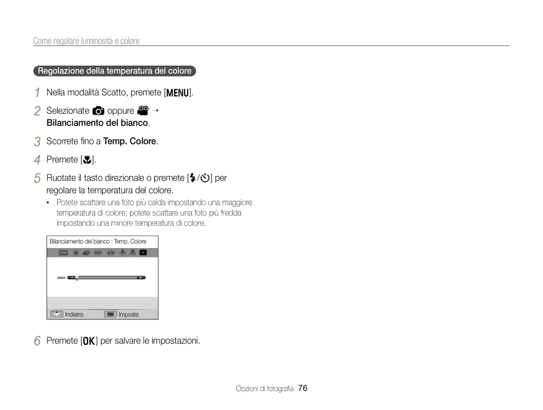 Samsung EC-WB750ZBPBE1 manual Regolazione della temperatura del colore 