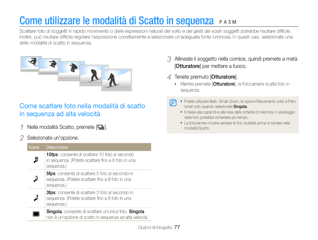 Samsung EC-WB750ZBPBE1 manual Come utilizzare le modalità di Scatto in sequenza p a h M 