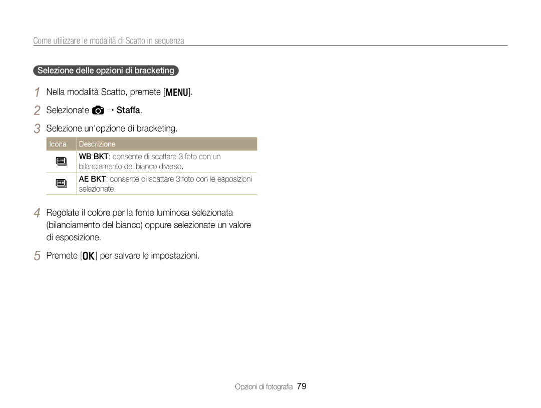 Samsung EC-WB750ZBPBE1 manual Selezione delle opzioni di bracketing 