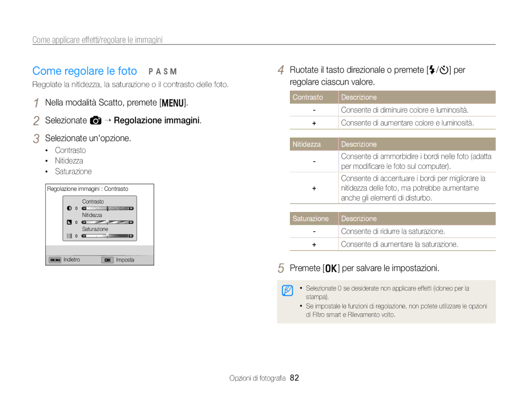 Samsung EC-WB750ZBPBE1 Come regolare le foto p a h M, Contrasto, Nitidezza Descrizione, Per modiﬁcare le foto sul computer 