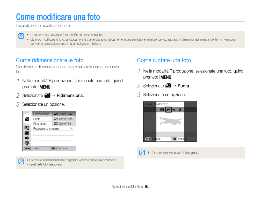 Samsung EC-WB750ZBPBE1 manual Come modiﬁcare una foto, Come ridimensionare le foto, Come ruotare una foto 