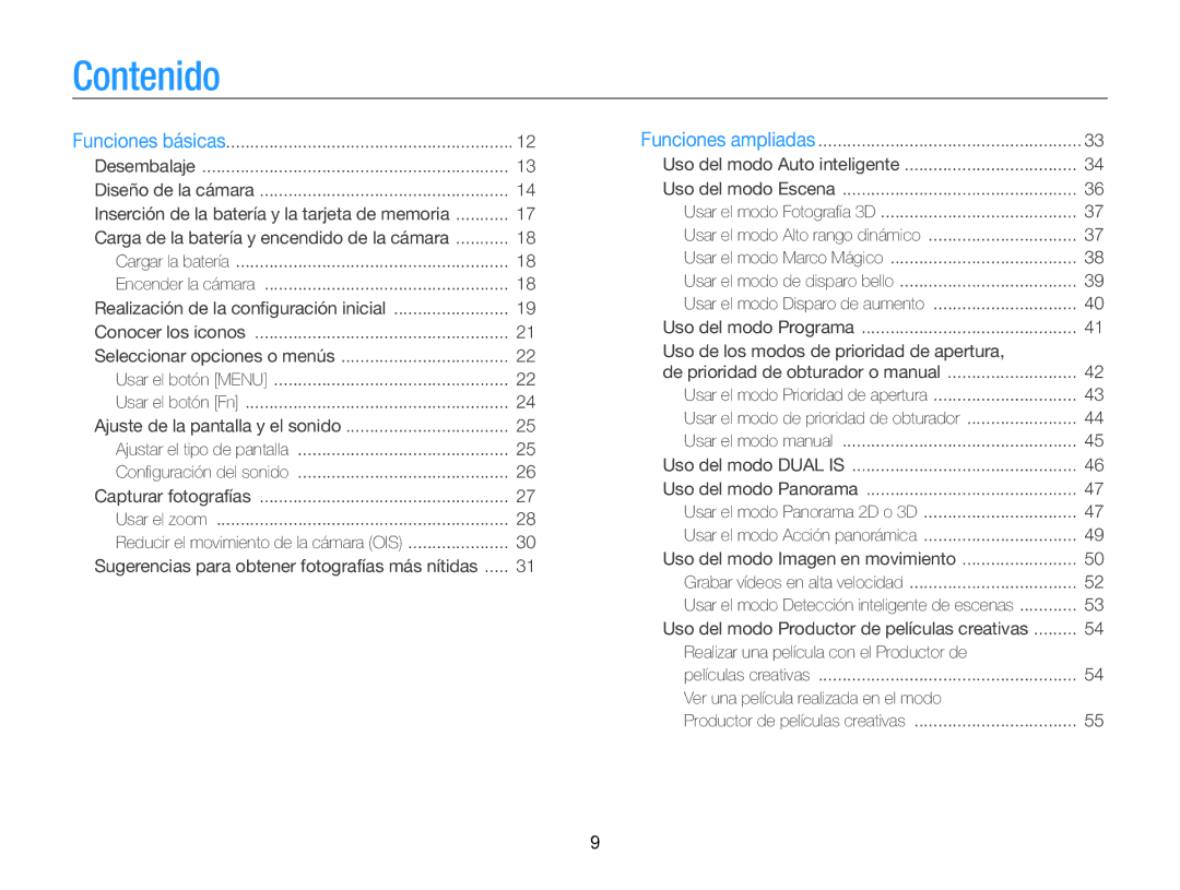 Samsung EC-WB750ZBPBE1 manual Contenido, Carga de la batería y encendido de la cámara 