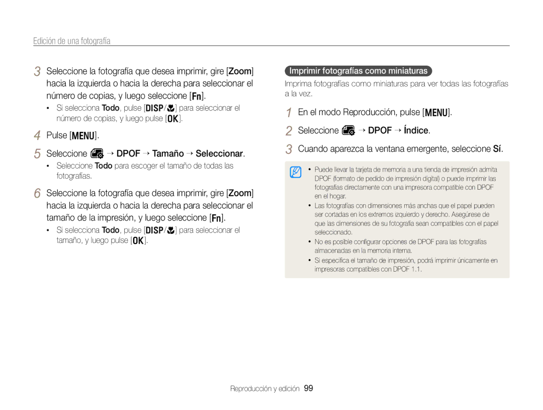 Samsung EC-WB750ZBPBE1 manual Pulse m Seleccione O “ Dpof “ Tamaño “ Seleccionar, Imprimir fotografías como miniaturas 