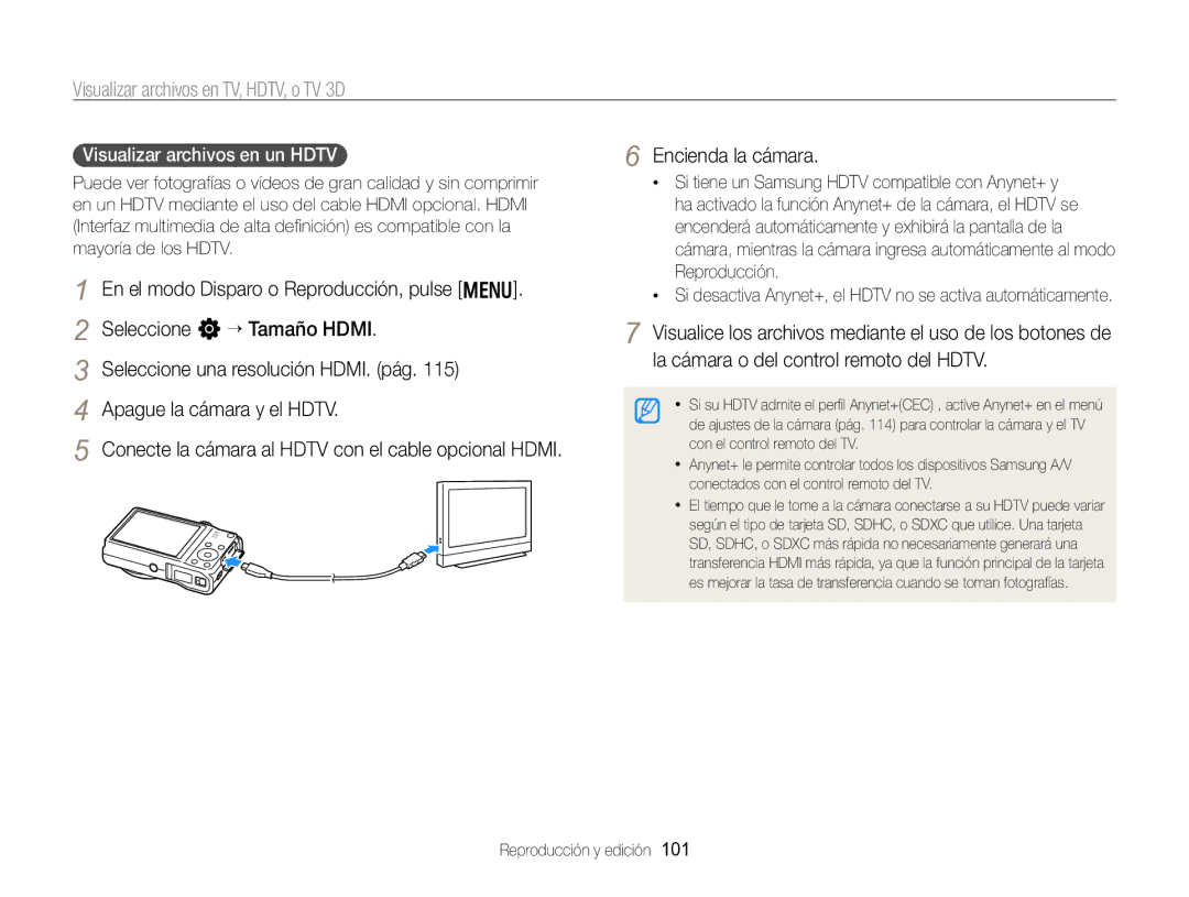 Samsung EC-WB750ZBPBE1 manual Visualizar archivos en TV, HDTV, o TV 3D, Visualizar archivos en un Hdtv 