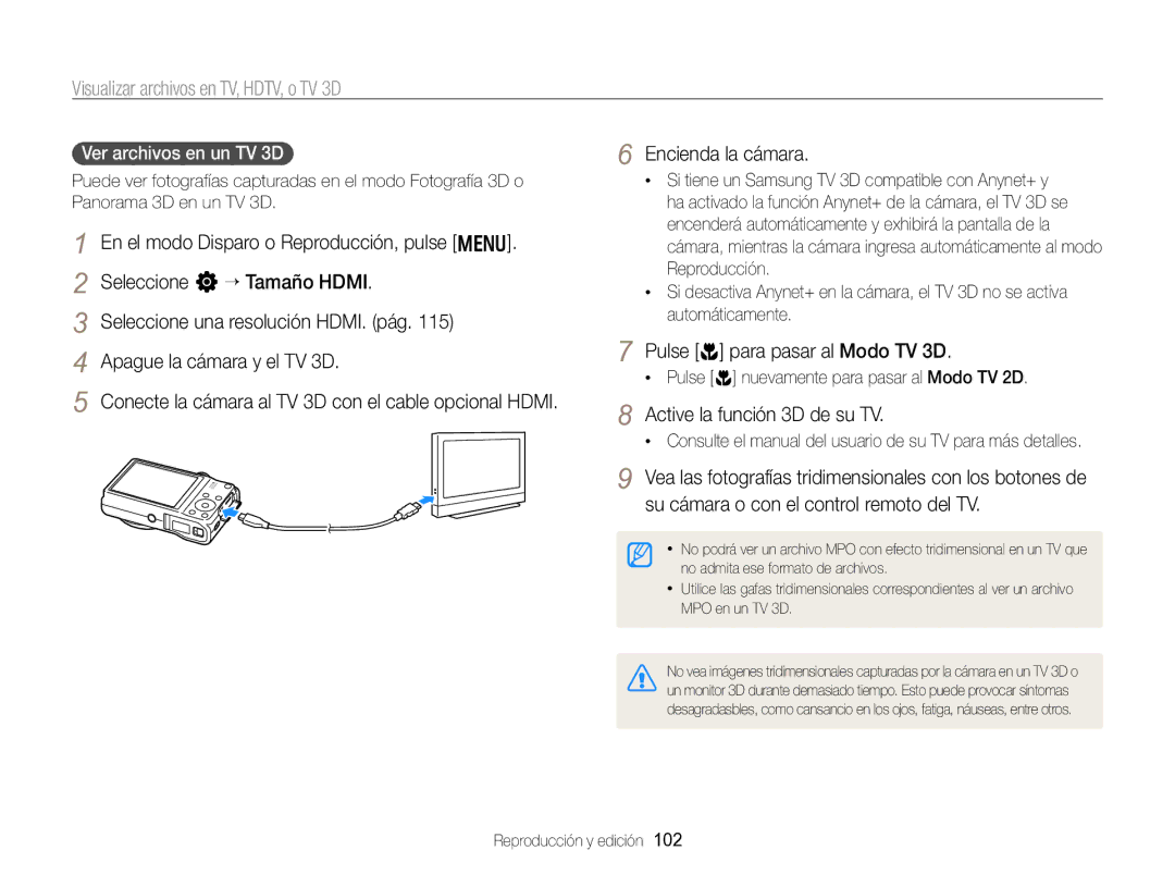 Samsung EC-WB750ZBPBE1 manual Pulse c para pasar al Modo TV 3D, Active la función 3D de su TV, Ver archivos en un TV 3D 