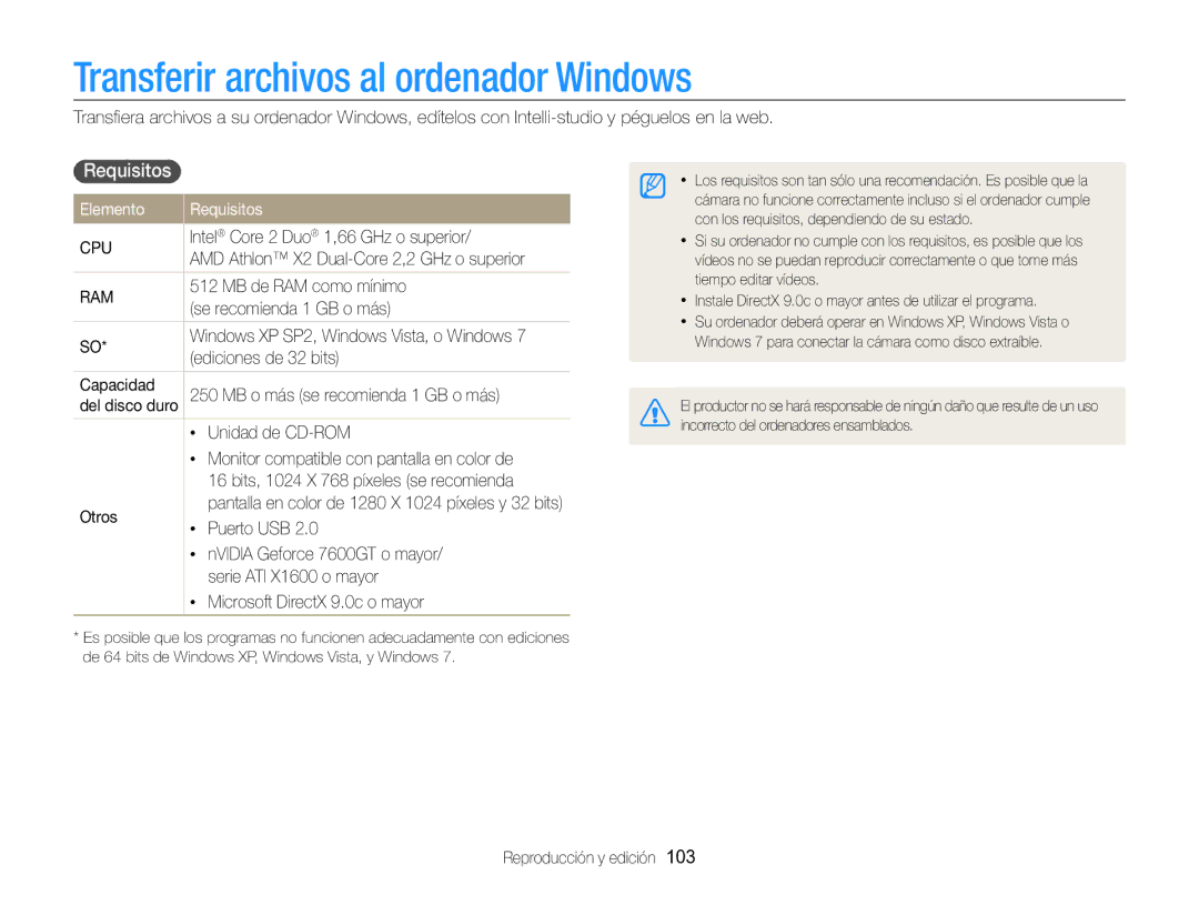 Samsung EC-WB750ZBPBE1 manual Transferir archivos al ordenador Windows, Elemento Requisitos 