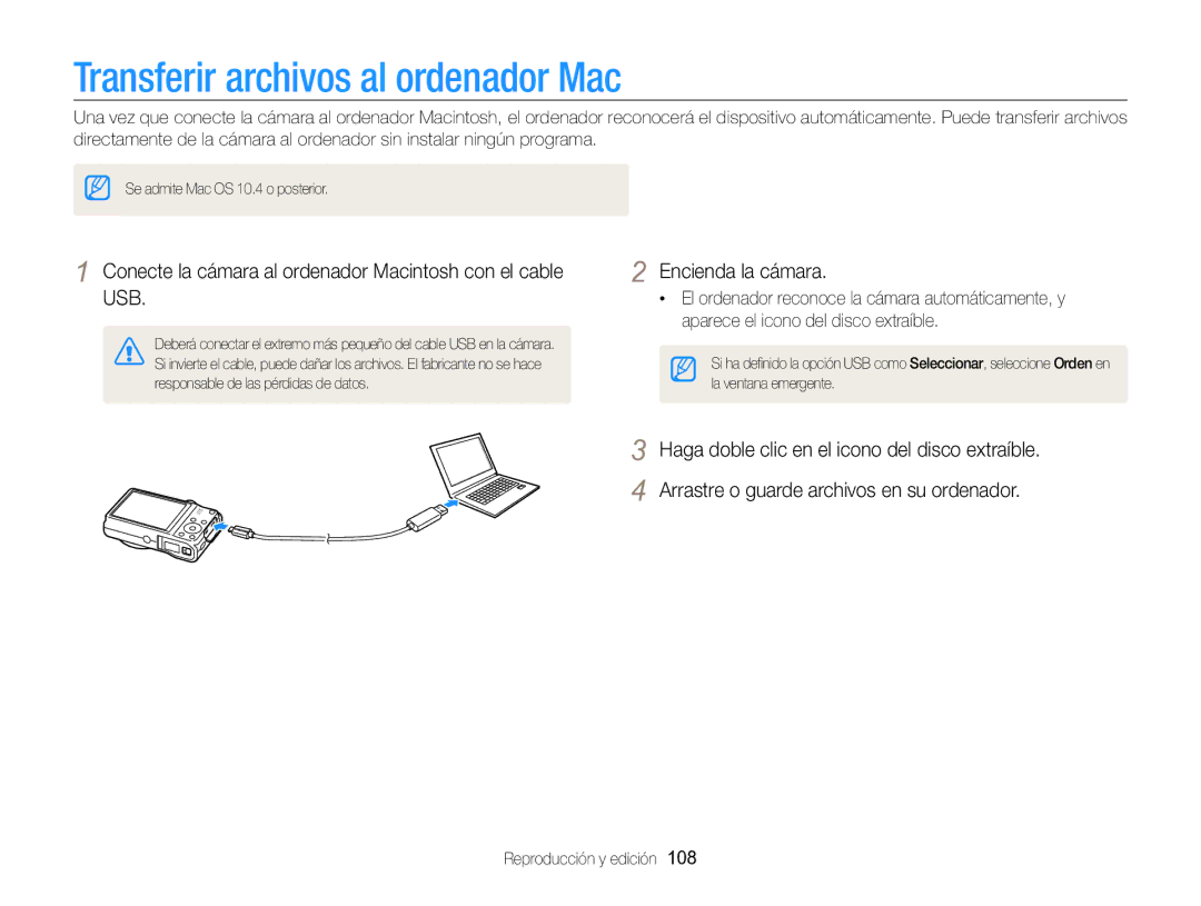 Samsung EC-WB750ZBPBE1 Transferir archivos al ordenador Mac, Conecte la cámara al ordenador Macintosh con el cable USB 