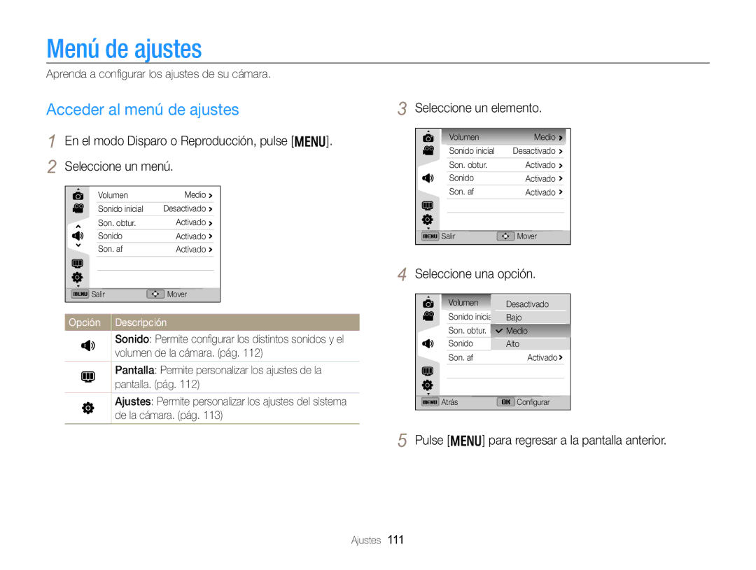 Samsung EC-WB750ZBPBE1 manual Menú de ajustes, Acceder al menú de ajustes, En el modo Disparo o Reproducción, pulse m 