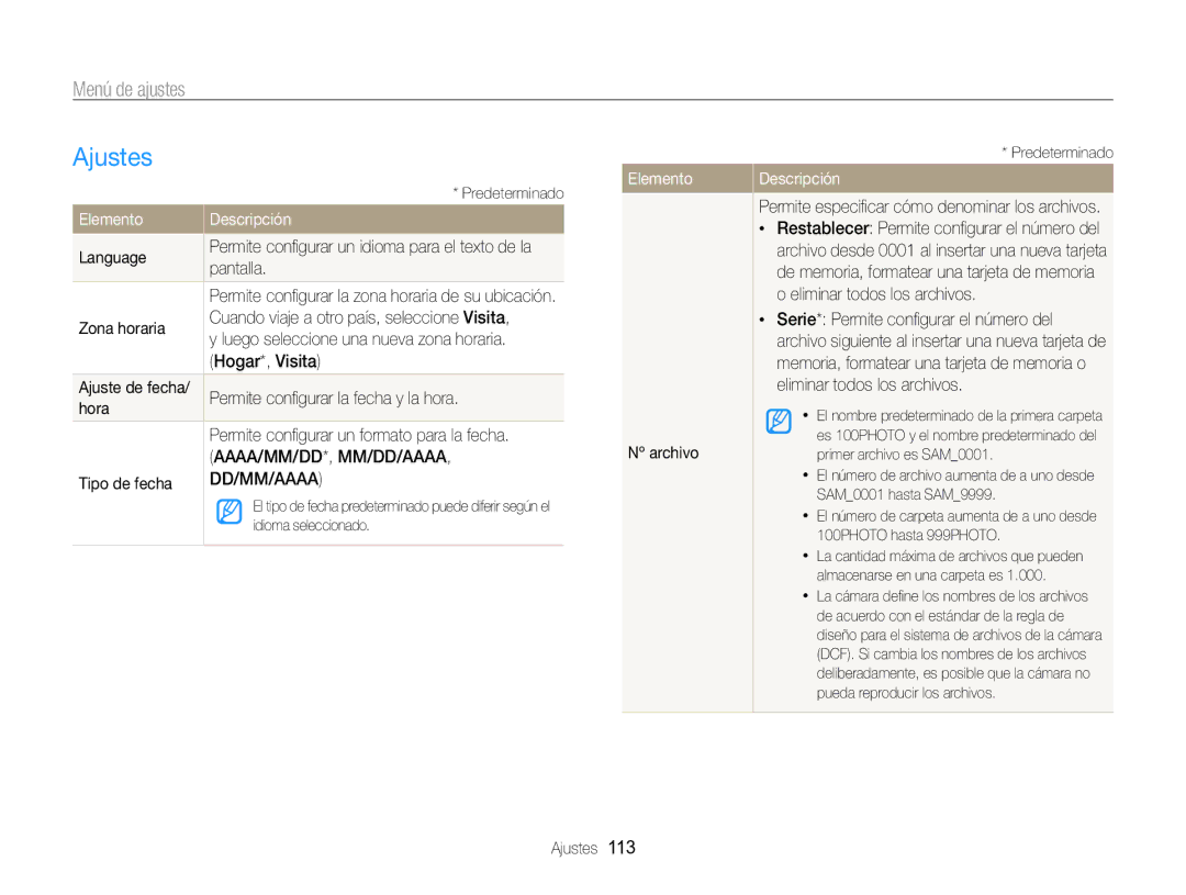 Samsung EC-WB750ZBPBE1 manual Ajustes, Elemento 