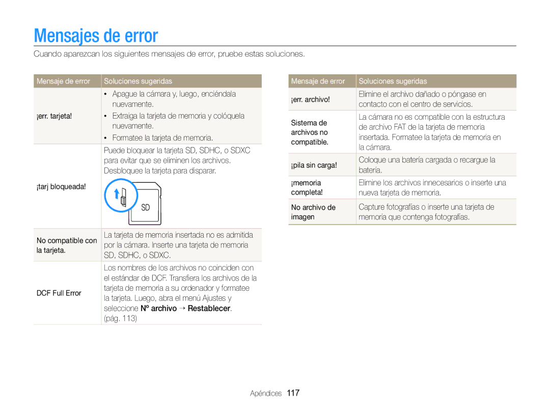 Samsung EC-WB750ZBPBE1 manual Mensajes de error, Mensaje de error Soluciones sugeridas 