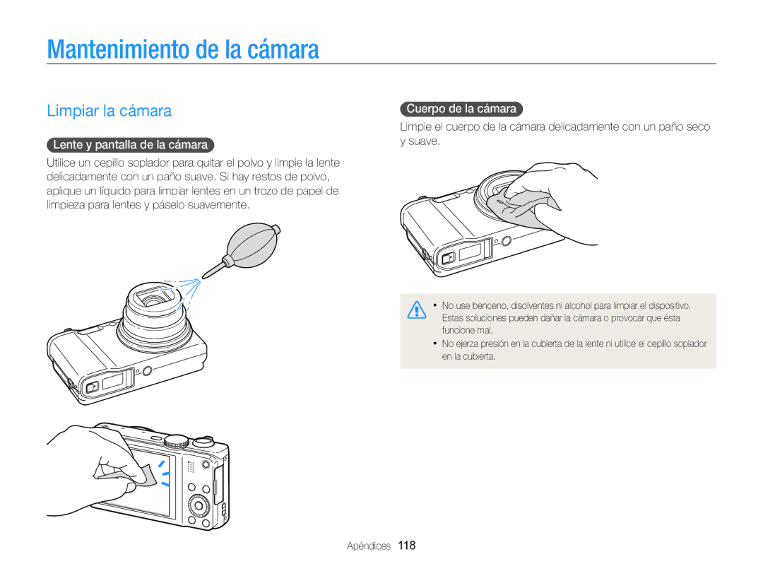 Samsung EC-WB750ZBPBE1 Mantenimiento de la cámara, Limpiar la cámara, Lente y pantalla de la cámara, Cuerpo de la cámara 