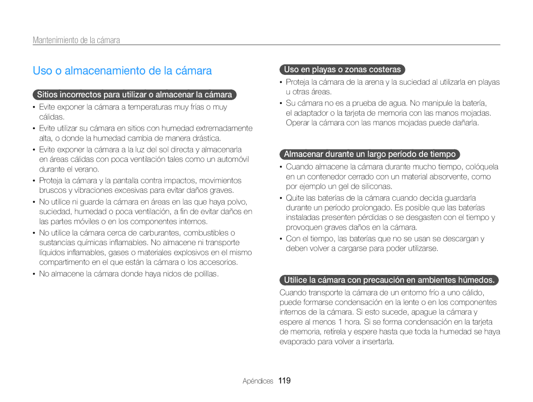 Samsung EC-WB750ZBPBE1 manual Uso o almacenamiento de la cámara, Mantenimiento de la cámara 