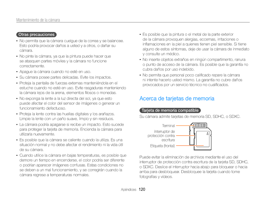 Samsung EC-WB750ZBPBE1 manual Acerca de tarjetas de memoria, Otras precauciones, Tarjeta de memoria compatible 