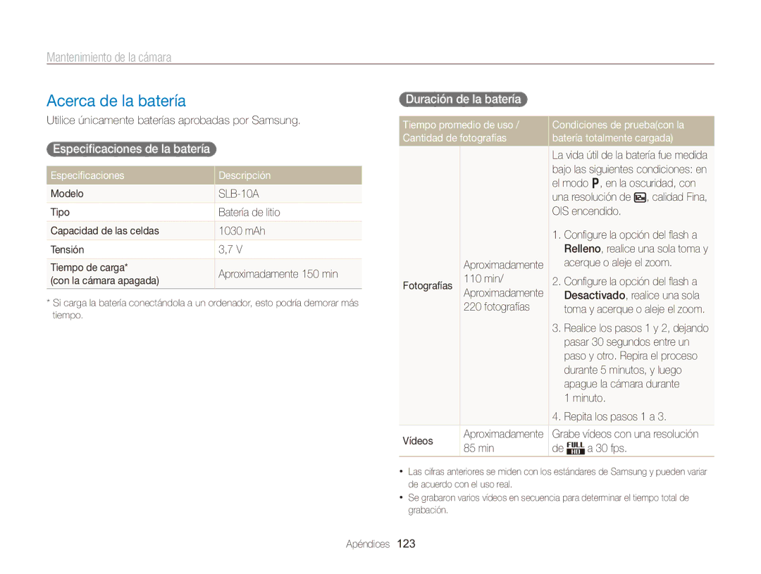 Samsung EC-WB750ZBPBE1 manual Acerca de la batería, Especificaciones de la batería Duración de la batería  