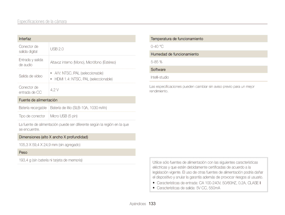 Samsung EC-WB750ZBPBE1 manual Especificaciones de la cámara 