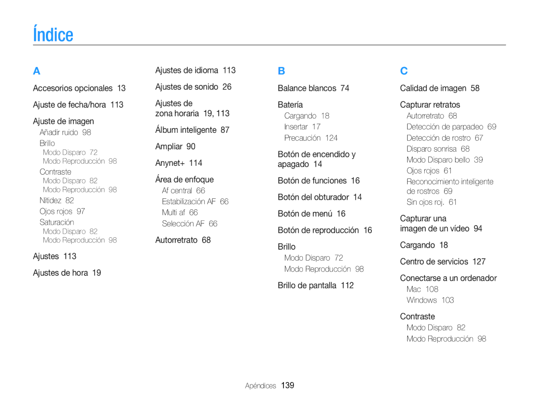 Samsung EC-WB750ZBPBE1 manual Índice 