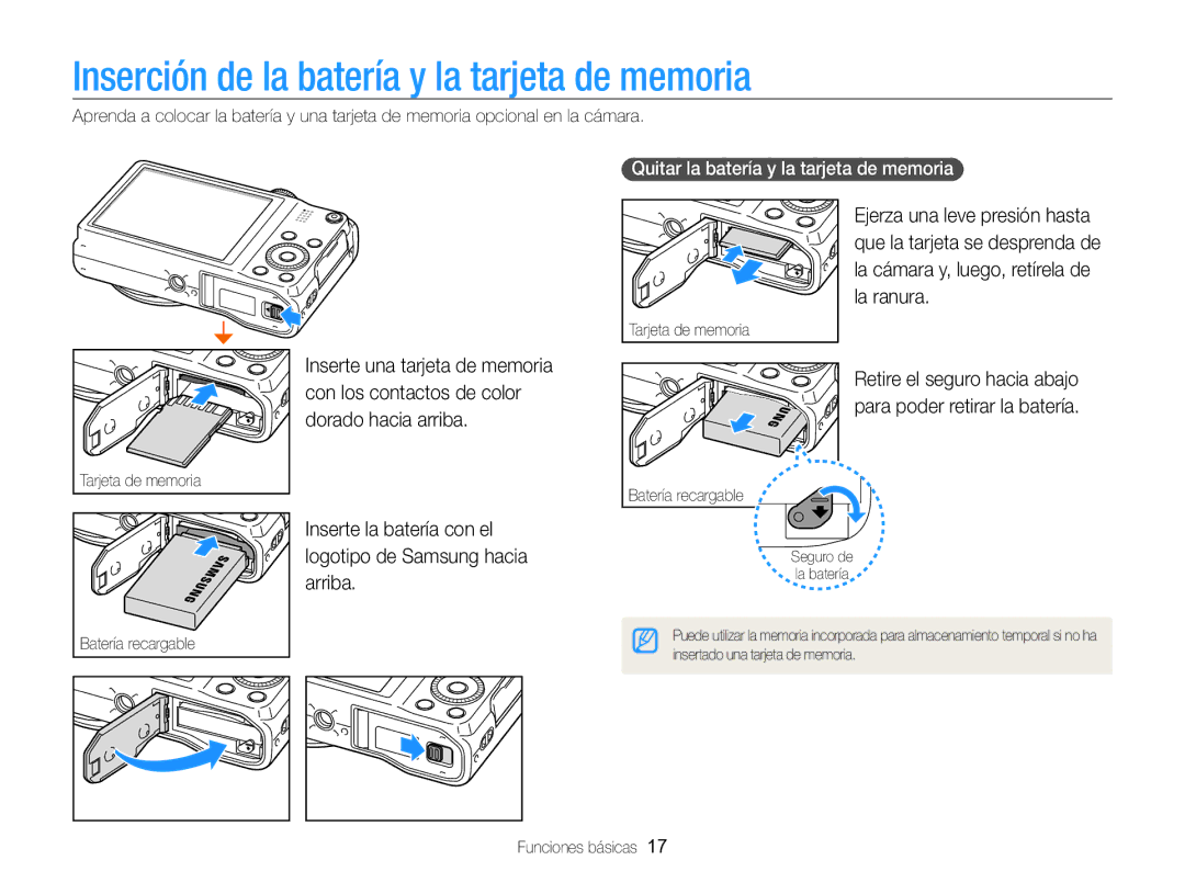 Samsung EC-WB750ZBPBE1 manual Inserción de la batería y la tarjeta de memoria, Quitar la batería y la tarjeta de memoria 