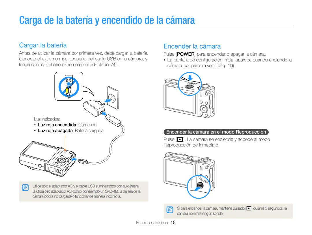 Samsung EC-WB750ZBPBE1 manual Carga de la batería y encendido de la cámara, Cargar la batería, Encender la cámara 