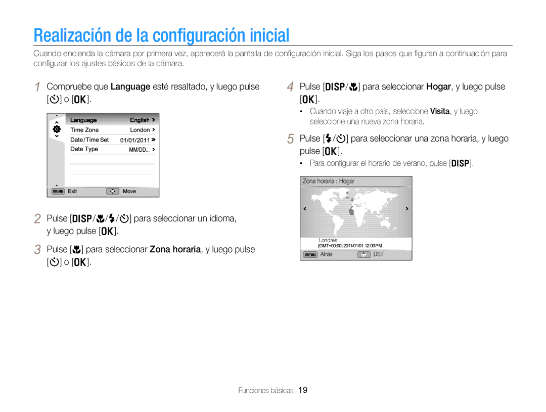 Samsung EC-WB750ZBPBE1 manual Realización de la conﬁguración inicial, Pulse D/c para seleccionar Hogar, y luego pulse o 