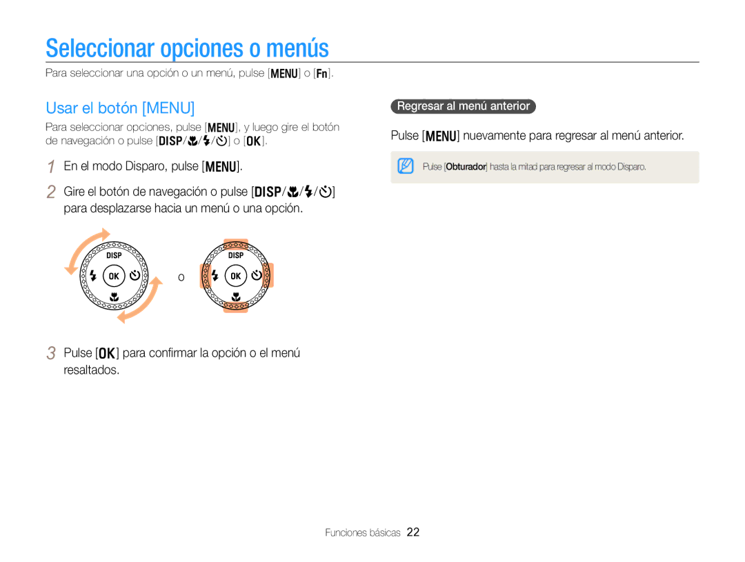 Samsung EC-WB750ZBPBE1 Seleccionar opciones o menús, Usar el botón Menu, Pulse m nuevamente para regresar al menú anterior 