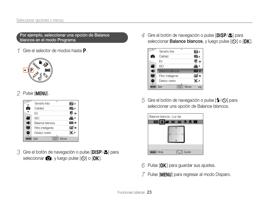 Samsung EC-WB750ZBPBE1 manual Seleccionar opciones o menús, Gire el selector de modos hasta p Pulse m 