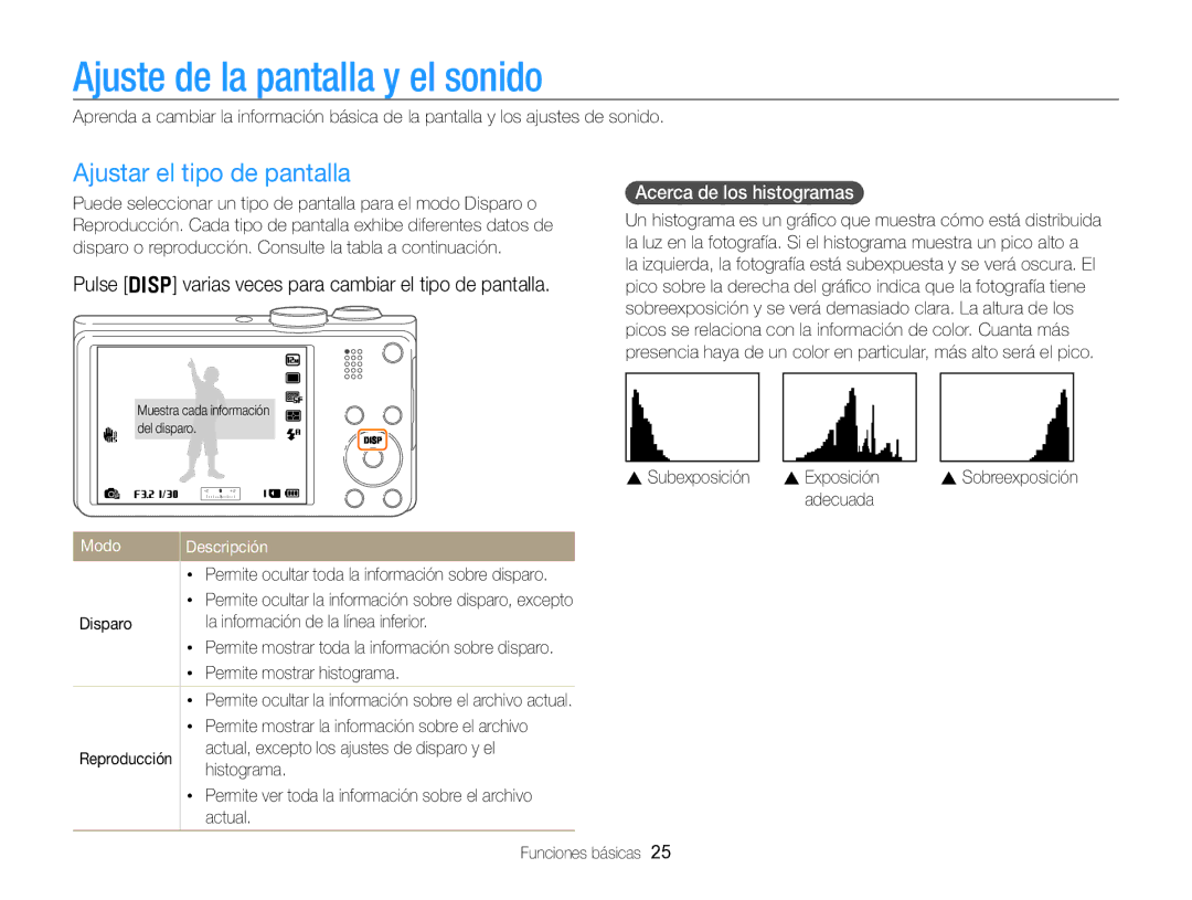 Samsung EC-WB750ZBPBE1 Ajuste de la pantalla y el sonido, Ajustar el tipo de pantalla, Acerca de los histogramas, Modo 