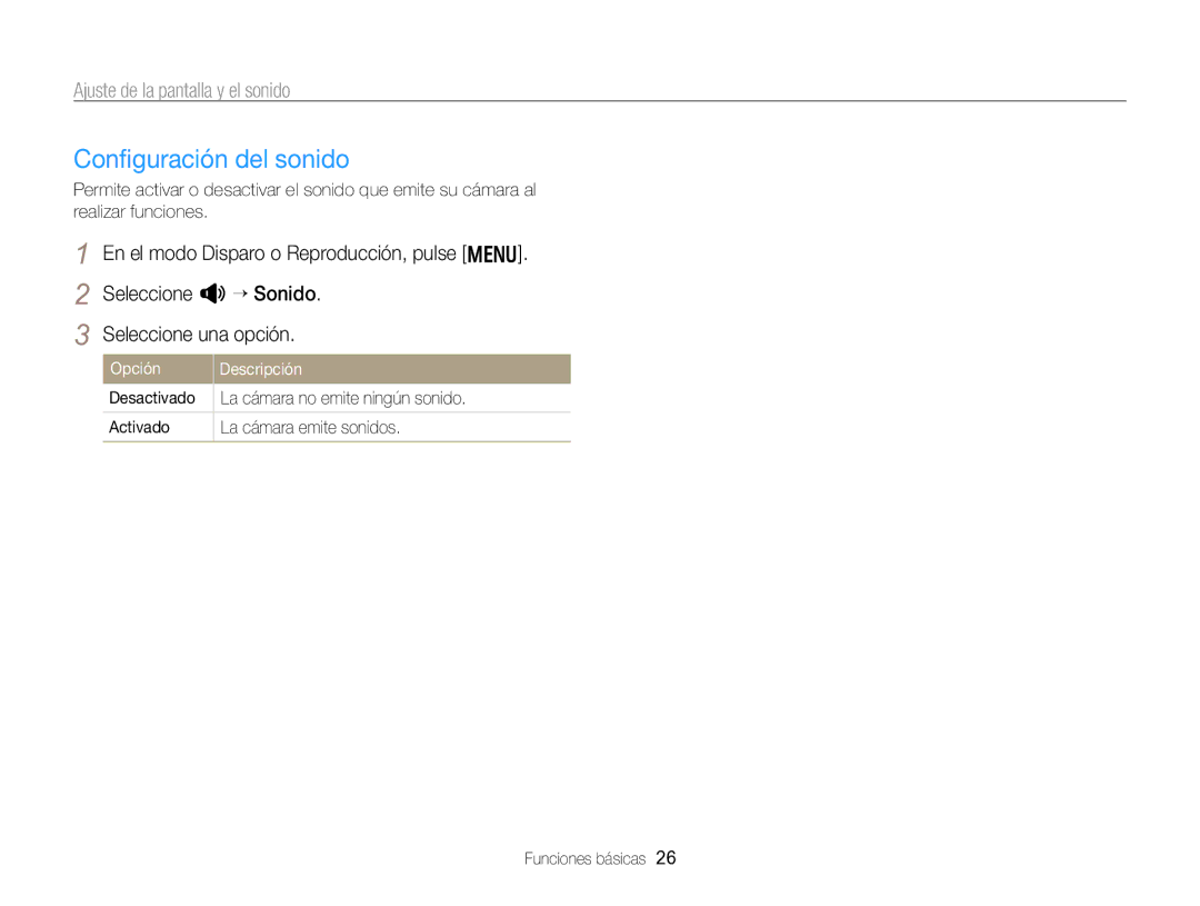 Samsung EC-WB750ZBPBE1 manual Conﬁguración del sonido, Ajuste de la pantalla y el sonido, Opción Descripción 