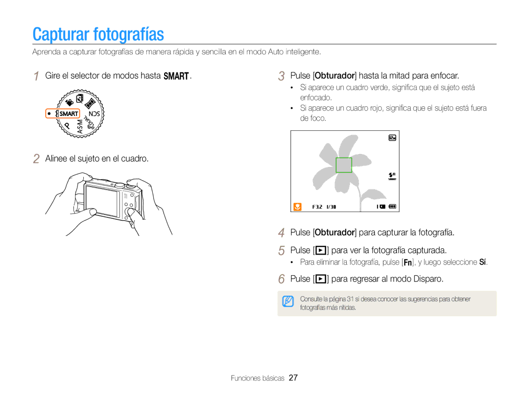 Samsung EC-WB750ZBPBE1 manual Capturar fotografías, Alinee el sujeto en el cuadro, Pulse P para regresar al modo Disparo 