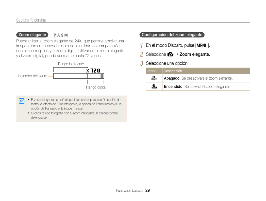 Samsung EC-WB750ZBPBE1 manual En el modo Disparo, pulse m Seleccione a “ Zoom elegante, Zoom elegante p a h M 